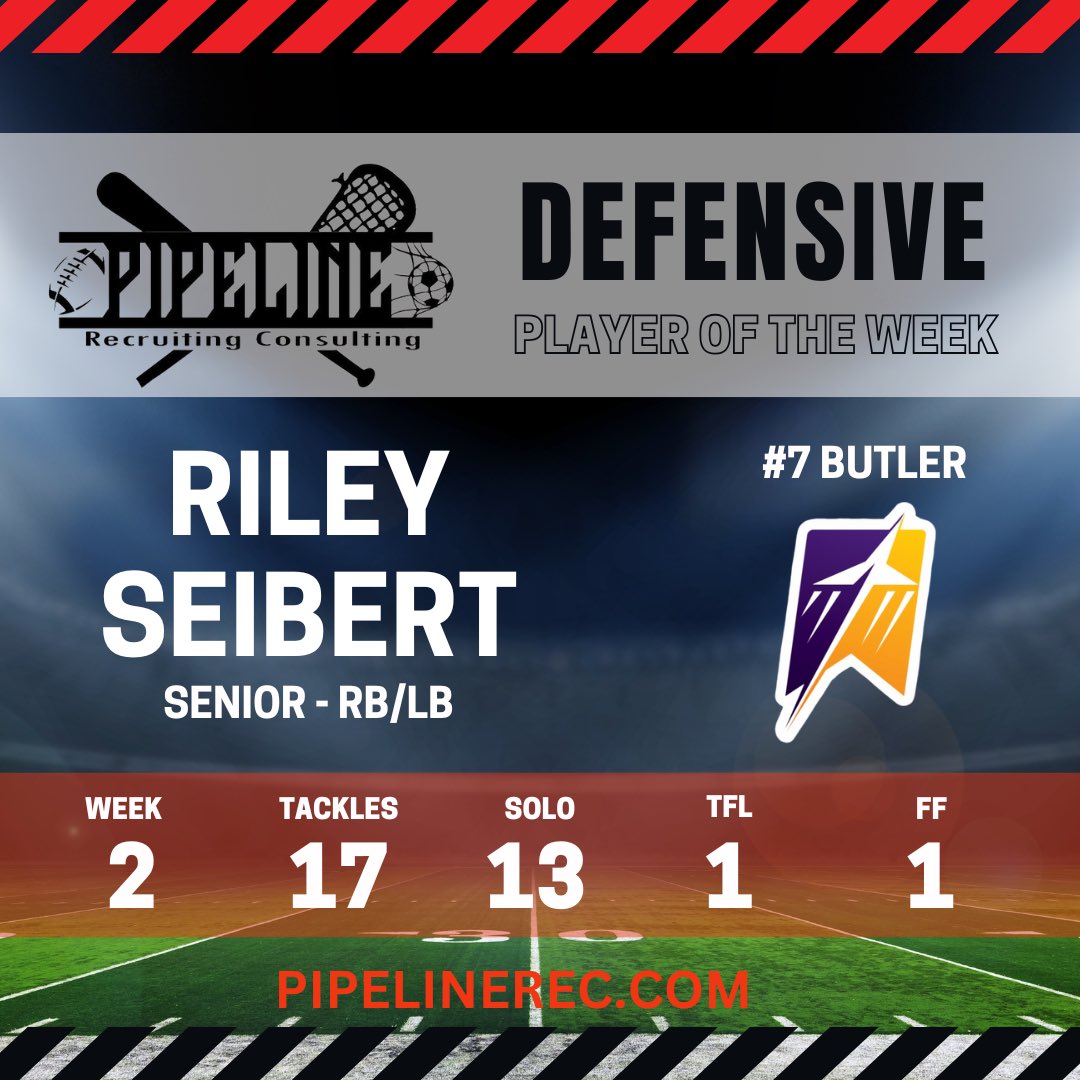 2025 WEEK 2 Pipeline Recruiting POW-

Riley was all over the field defensively and made an enormous impact in the game!! 

13 solo tackels, 1 FF, and 1 TFL!!!

Congratulations Riley!!
<a href="/Riley7Seibert/">Riley Seibert</a> 

#PRC