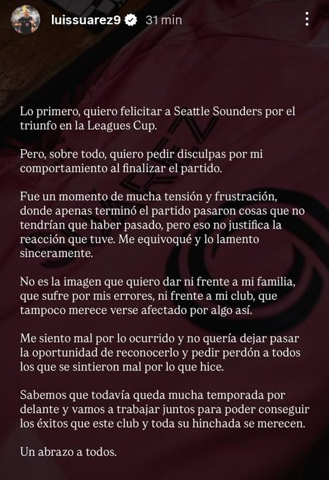 A screenshot of a social media post by Luis Suárez. The post contains text in Spanish discussing a soccer match involving Seattle Sounders. An Instagram watermark is visible in the top right corner.