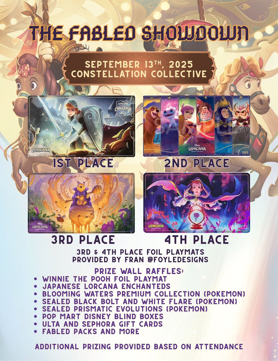 So excited for the release of Fabled and getting back in the grind. If you are in NorCal and not going to PPG Denver, come check out The Fabled Showdown on 9/13! We have some exciting prizes including a foil Winnie the Pooh mat and foil Belle mat done by Fran!