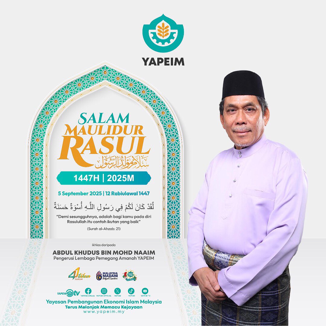 SALAM MAULIDUR RASUL 1447H | 2025M

Kecintaan kepada Rasulullah SAW bukan hanya dengan sambutan tetapi juga dengan menghayati kepimpinan serta akhlak Baginda dan menjadikannya sebagai panduan hati, minda dan jiwa kita.

Ikhlas daripada:
Abdul Khudus bin Mohd Naaim
Pengerusi