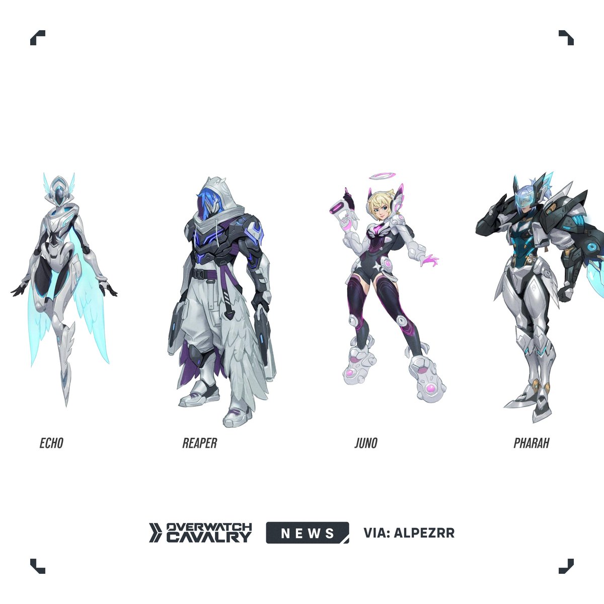 New #Overwatch2 Survey Skins: Cyber Angels 🪽

Featuring Concept Art for Echo, Reaper, Juno, and Pharah.