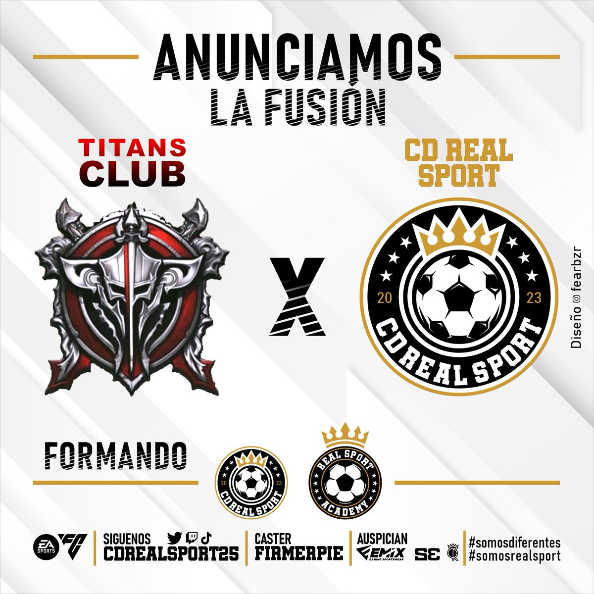 ¡¡¡ANUNCIAMOS!!!

El gran equipo de <a href="/TitansClubPro/">TITANS CLUB</a> se une a @cdrealsport25 para formar una nueva alianza.

#cdrealsport y #realsportacademy

Contaremos con:

Diseños 🖌️<a href="/fearbzr/">Fernando Arocena FE4rBzR*</a>
Caster Oficial 🎙️@firmerpie

#somosdiferentes #somosrealsport 
💛🖤🤍