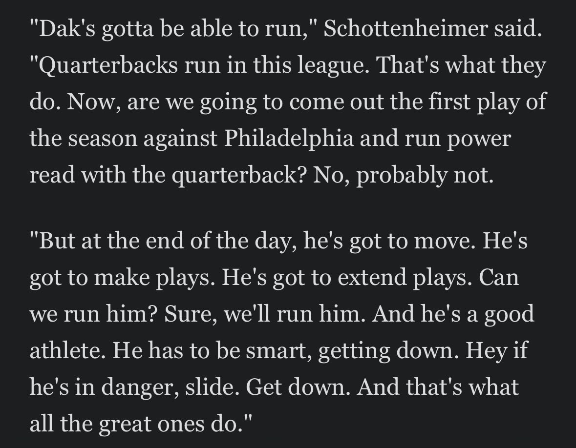 cookedslips's tweet photo. More context on the Dak line HC Brian Schottenheimer needs him to run more “He’s got to make plays” he’ll definitely need to do that tonight if they want to win #TNF 

Also averages over 4 RA per game v eagles

Taking the straight as well

o6.5 > -110
15+ > +280
25+ > +750 https://t.co/jhG0yfpPep