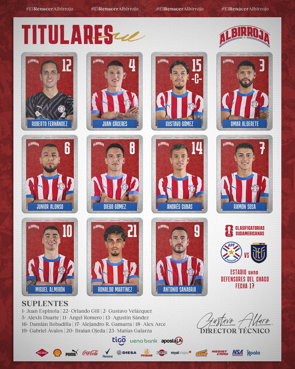 𝕃𝕠𝕤 𝟙𝟙 ✅

👉 Equipo definido por el DT Gustavo Alfaro para el encuentro de esta noche.

🆚 🇪🇨
🏆 Clasificatorias <a href="/fifaworldcup_es/">Copa Mundial FIFA 🏆</a> 2026 - Fecha 17
🕣 20:30 h
🏟️ <a href="/ElDefensores/">ueno Defensores Del Chaco</a>
📺 <a href="/SomosGEN/">GEN</a> | <a href="/Unicanal/">Unicanal</a> | <a href="/trecepy/">TRECE</a>

¡Hagamos historia! 💪

#VamosParaguay 🇵🇾