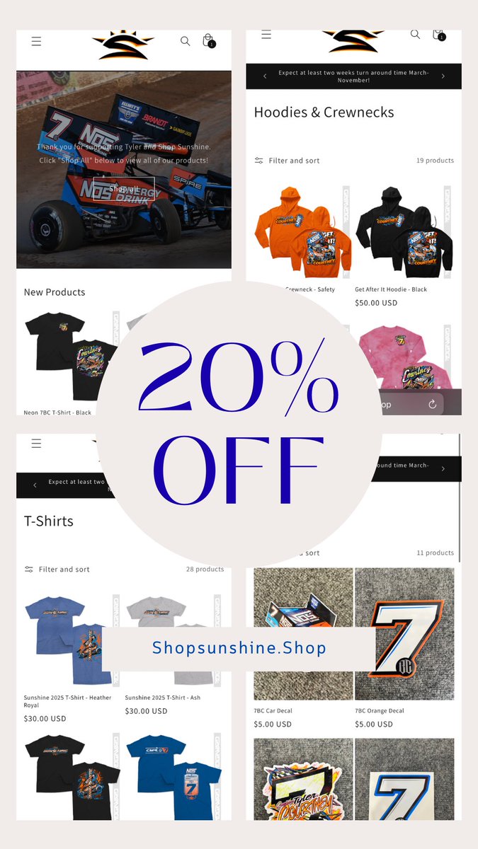 Tuscarora 50 for the <a href="/ClausonMarshall/">Clauson Marshall Racing</a> team this weekend at <a href="/PortRoyalSpdway/">Port Royal Speedway #SpeedPalace</a> with <a href="/HighLimitRacing/">High Limit Racing</a>! 

20% off the entire website with code TUSKY50 at checkout 🤩 Snag a hoodie to prepare for the cooler weather! 

🔗 shopsunshine.shop 

Live on <a href="/FloRacing/">FloRacing</a>. 📺