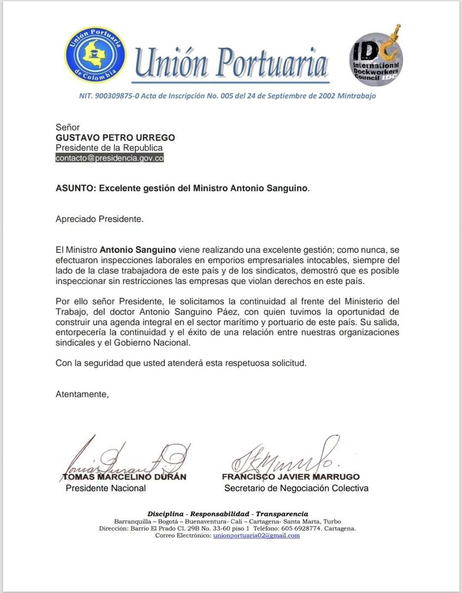 El sr Ministro <a href="/AntonioSanguino/">Antonio Sanguino</a> ha venido cumplido impecablemente su tarea en el ministerio de los trabajadores <a href="/petrogustavo/">Gustavo Petro</a>