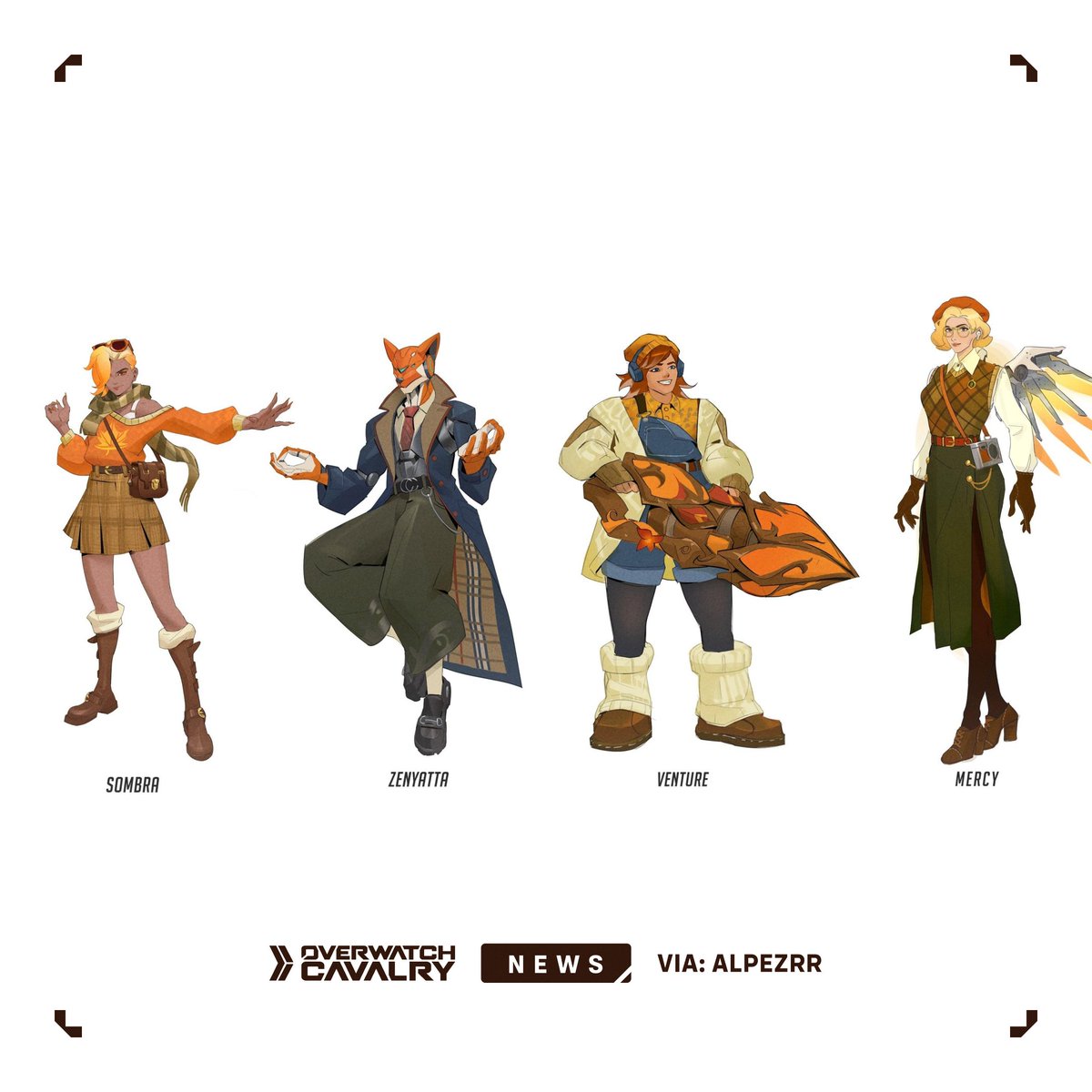 OWCavalry's tweet photo. New #Overwatch2 Survey Skins: Fall Fashion 🍂

Featuring Concept Art for Sombra, Zenyatta, Venture, and Mercy. https://t.co/Skhn7gNrOt