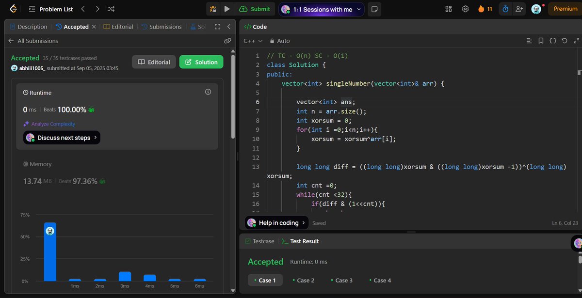 Abhishek1005_'s tweet image. Day 35 contd. ⚡
Solved Single Number III in 4 ways:
1️⃣ Bit bucket → TC O(n), SC O(1)
2️⃣ Sorting + count → TC O(n log n), SC O(1)
3️⃣ Hashmap freq → TC O(n), SC O(n)
4️⃣ Sorting + skip pairs → TC O(n log n), SC O(1)
#LeetCode #DSA #BitManipulation