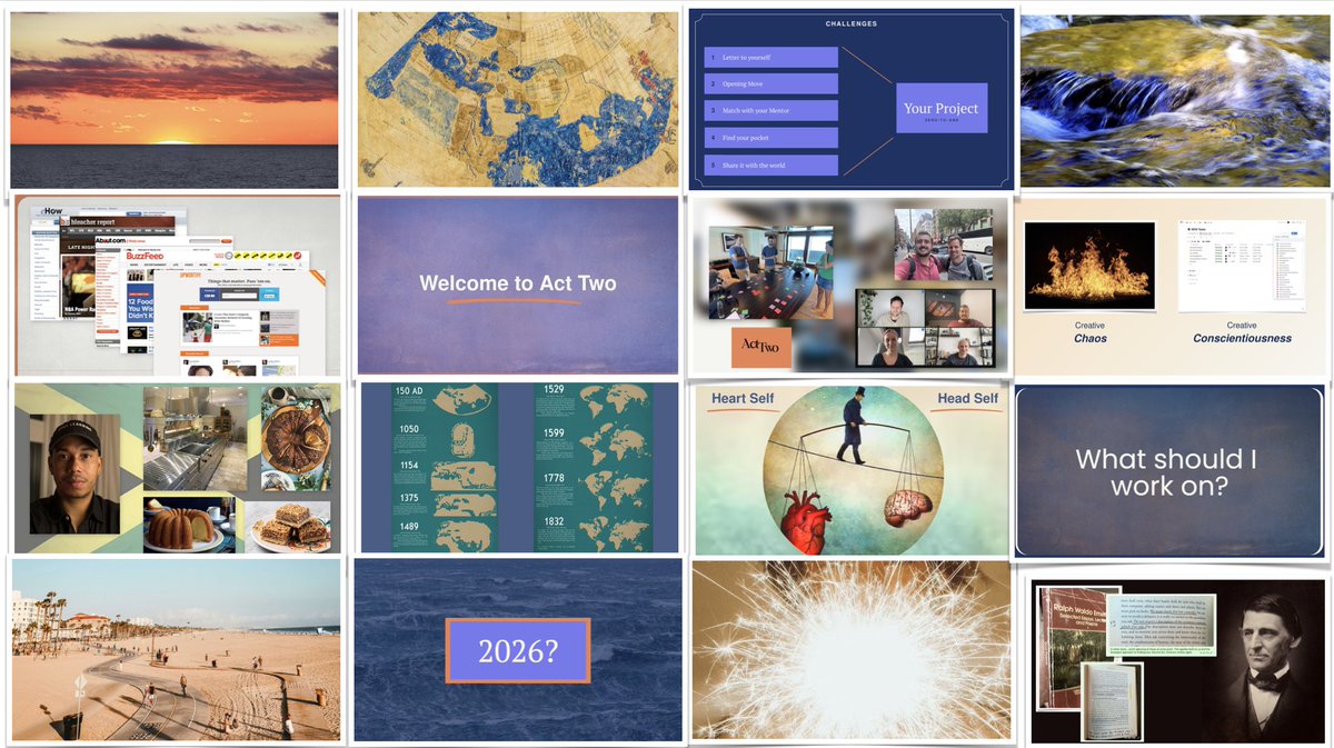 Sample mood board from our 195+ slides for the Act Two live session last night.

Story-driven, image-driven. Aesthetically beautiful. Exercises + breakouts + discussions throughout, starts on time, moves with purpose, stick the landing exactly at 8:30pm.

We call it “Zoom like