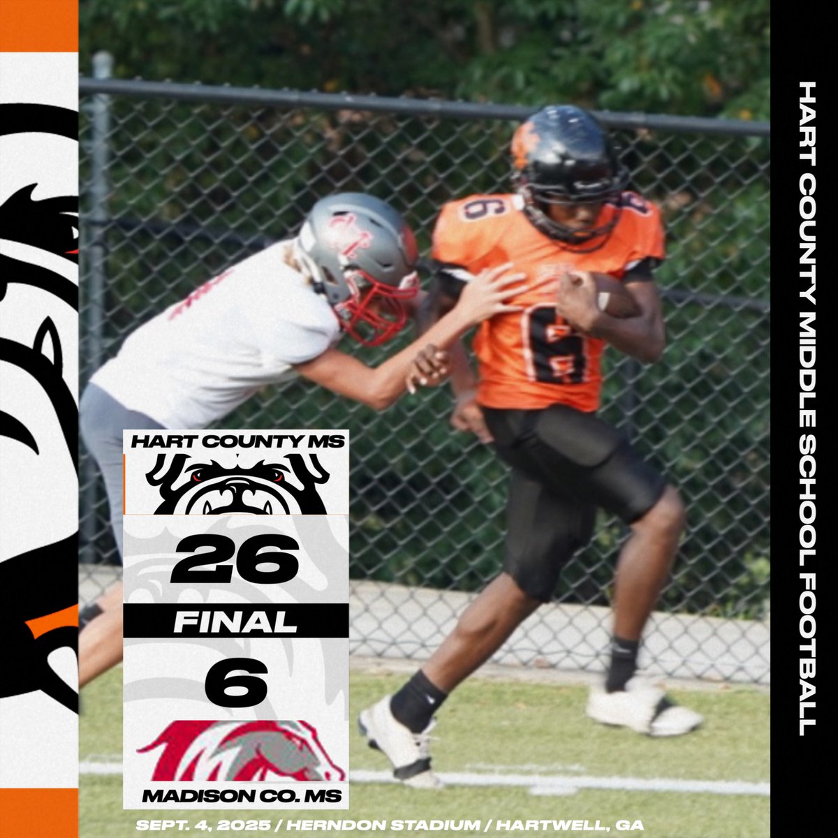 hartcountyfb's tweet photo. FINAL from Herndon Stadium:
Hart County Middle School takes care of business at home with a dominant 26-6 win over Madison County MS!

#GoDogs #BulldogNation #CommitToTheHC #OneHartBeat https://t.co/zCCfxN4cKv