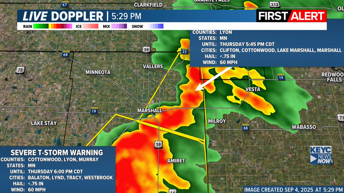 KEYCWeather's tweet image. ALERT: Severe Thunderstorm Warning for the following counties: Lyon until 9/04 5:45PM