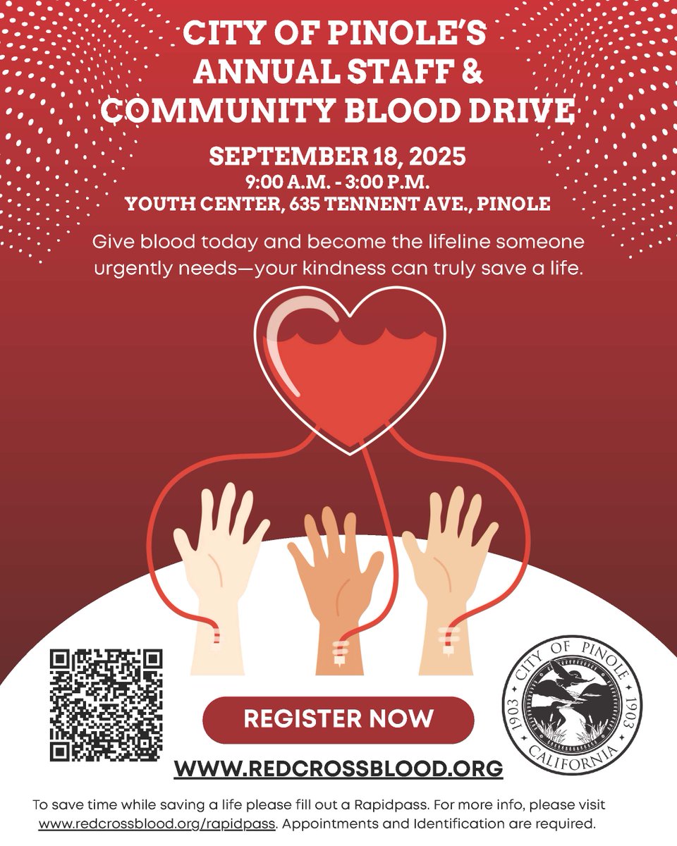 🩸 Pinole Annual Staff &amp; Community Blood Drive 🩸
Join us on Thurs, Sept.18 at the Pinole Youth Centerand make a lifesaving difference!
 👉 Register now at redcrossblood.org(Appointments &amp; ID required). Search up your Zipcode and select PINOLE COMMUNITY.
#GiveBlood