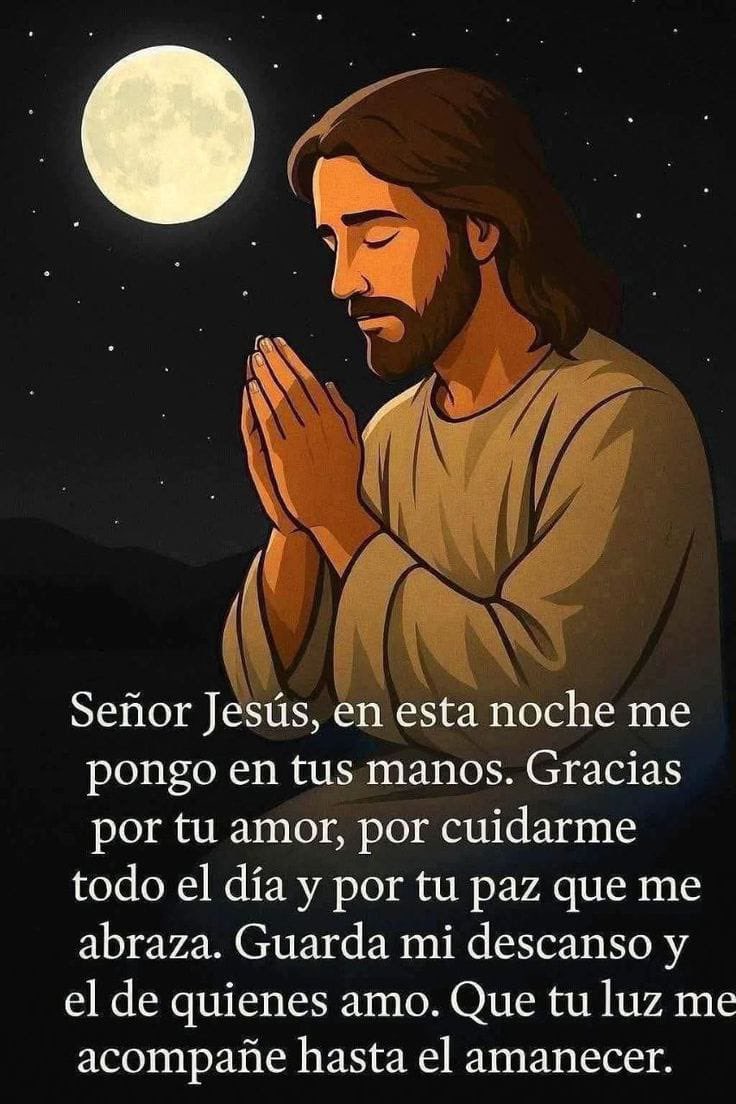 Señor en ésta noche nos ponemos en tus manos, gracias por tu amor, por cuidarnos durante el día y por tu paz que nos abraza. Guarda nuestro descanso y el de nuestros seres queridos