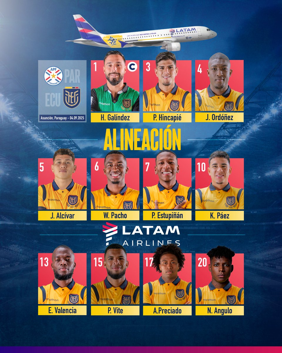 LaTri's tweet photo. 𝑨𝒍𝒊𝒏𝒆𝒂𝒄𝒊𝒐́𝒏 @LATAM_ECU 

Así saltamos a la cancha en Asunción para enfrentar a 🇵🇾.

• #ParaguayEcuador • #Eliminatorias26 • https://t.co/kIKFLibmI6
