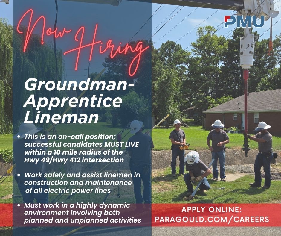 📢We're hiring! • Groundman-Apprentice Lineman • This job is open until Friday, Sept 12th
This an on-call position. Successful candidates MUST live within a 10-mile radius of the Hwy 49/Hwy 412 intersection.  Please visit paragould.com/careers/job-op…