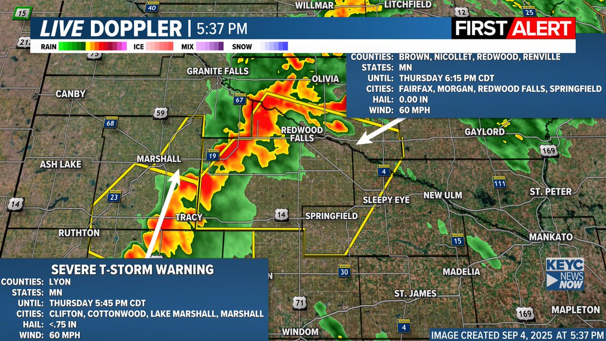 KEYCWeather's tweet image. ALERT: Severe Thunderstorm Warning for the following counties: Redwood, Brown, Renville, Nicollet until 9/04 6:15PM