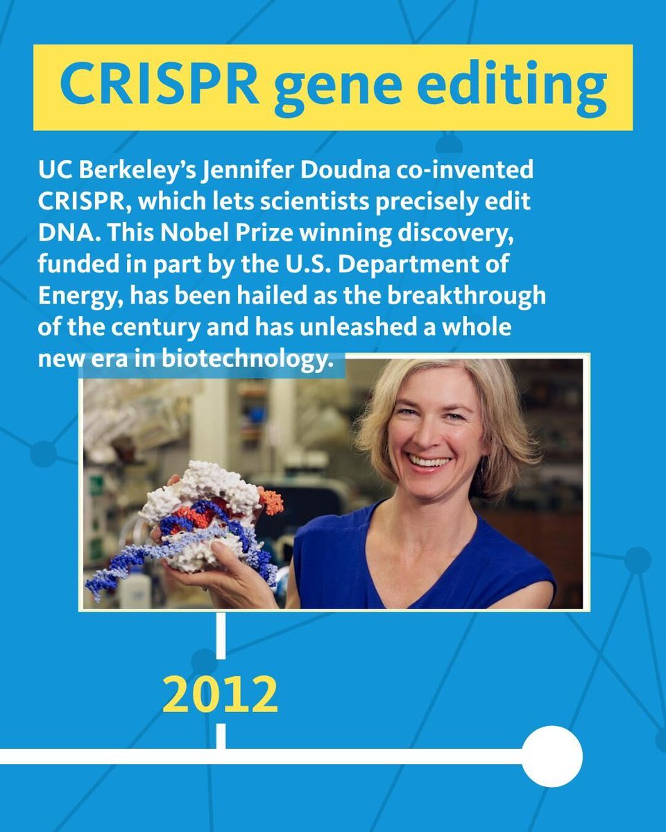 <a href="/UCBerkeley/">UC Berkeley</a>'s Jennifer Doudna co-invented CRISPR, which lets scientists precisely edit DNA. This Nobel Prize winning discovery, funded in part by the U.S. Department of @Energy, has been hailed as the breakthrough of the century and has unleashed a whole new era in biotechnology.