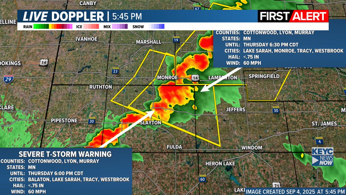 KEYCWeather's tweet image. ALERT: Severe Thunderstorm Warning for the following counties: Murray, Lyon, Cottonwood until 9/04 6:30PM