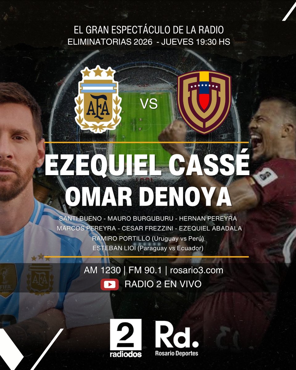 #EliminatoriasSudamericanas

🔛Ya somos la previa del gran espectáculo
de la radio.

#Argentina 🆚 #Venezuela

🗣️Lo relata <a href="/ezecasse/">Ezequiel S Cassé</a>

 📻AM 1230 | FM 90.1🔴YouTube: Radio2 en VIVO
youtube.com/watch?v=CaxJXW…