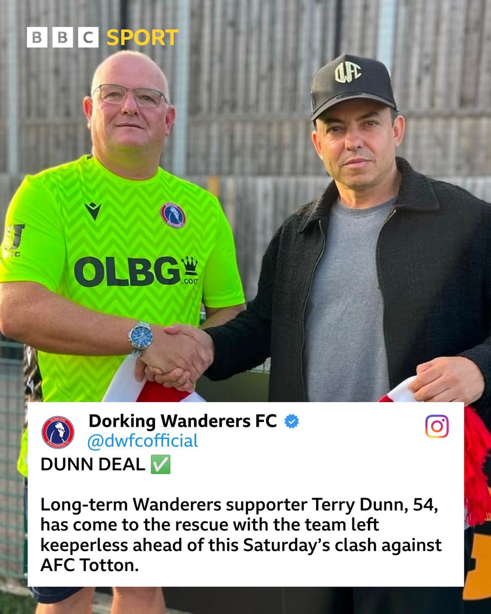 Dorking Wanderers say they intend to hand 54-year-old fan Terry Dunn a debut in goal in their National League South game this weekend 🤯

Dunn hung up his gloves in 1997! 😲