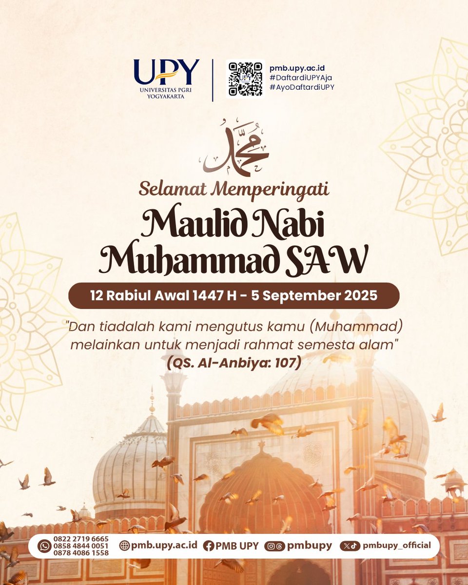 pmbUPY_Official's tweet image. “Dan tiadalah Kami mengutus kamu (Muhammad) melainkan untuk menjadi rahmat bagi semesta alam.” (QS. Al-Anbiya: 107)

Yuk daftar di UPY! ⬇️
🌐 pmb.upy.ac.id

#MaulidNabi #UPY #PMBUPY #AyoDaftardiUPY #UniversitasPGRIYogyakarta #Quote #Quran #Yogyakarta #Kampus