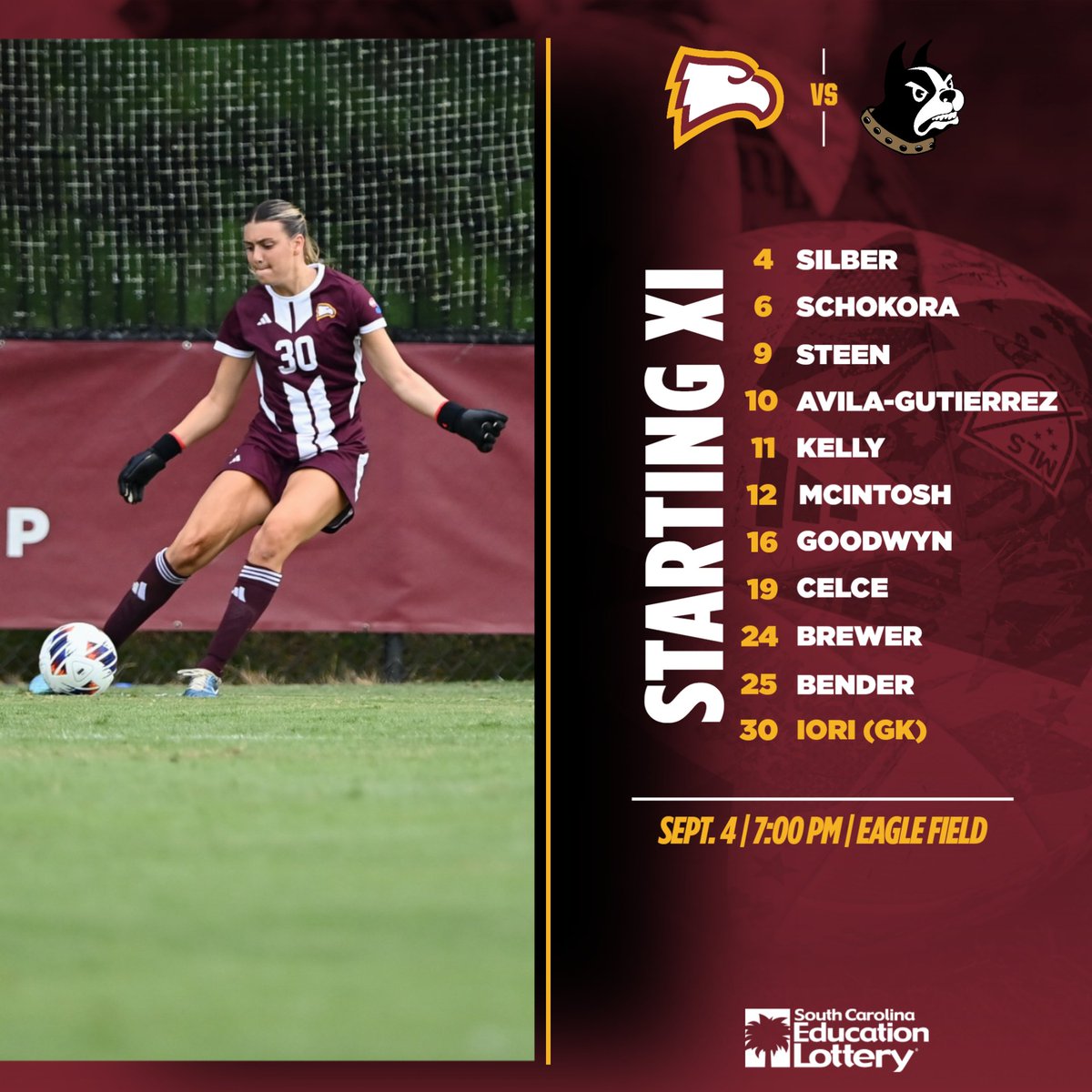 Almost that time! Here is tonight's #StartingXI against the Terriers.

#ROCKtheHILL | #BigSouthWSOC