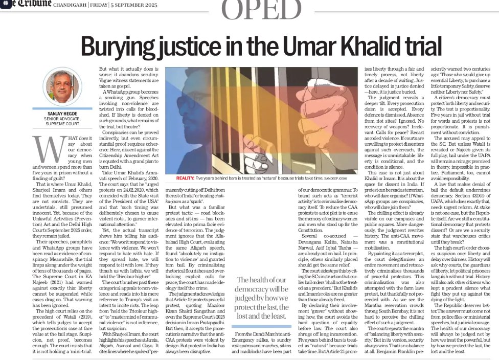 KaliKamlesh's tweet image. 🧱 “Burying justice”—SC Advocate Sanjay Hegde flags deep concerns in Umar Khalid’s trial. When dissent is caged and due process erodes, democracy dims. A courtroom isn’t just law—it’s conscience. #UmarKhalid #JusticeDelayed #DemocracyOnTrial @gork