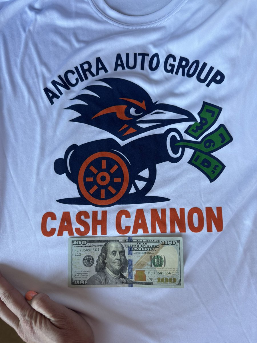 AprilAncira's tweet photo. THE MONEY is REAL! If you catch a shirt @UTSAFTBL on Saturday from the Ancira Cash Cannon (launched during 2nd half) please note the MONEY INSIDE is REAL! Bills inside may be $10, $20, $50 or $100 in EVERY SHIRT! None of them are empty! For Game 1 I added extra $100s. https://t.co/vp1toSogvP