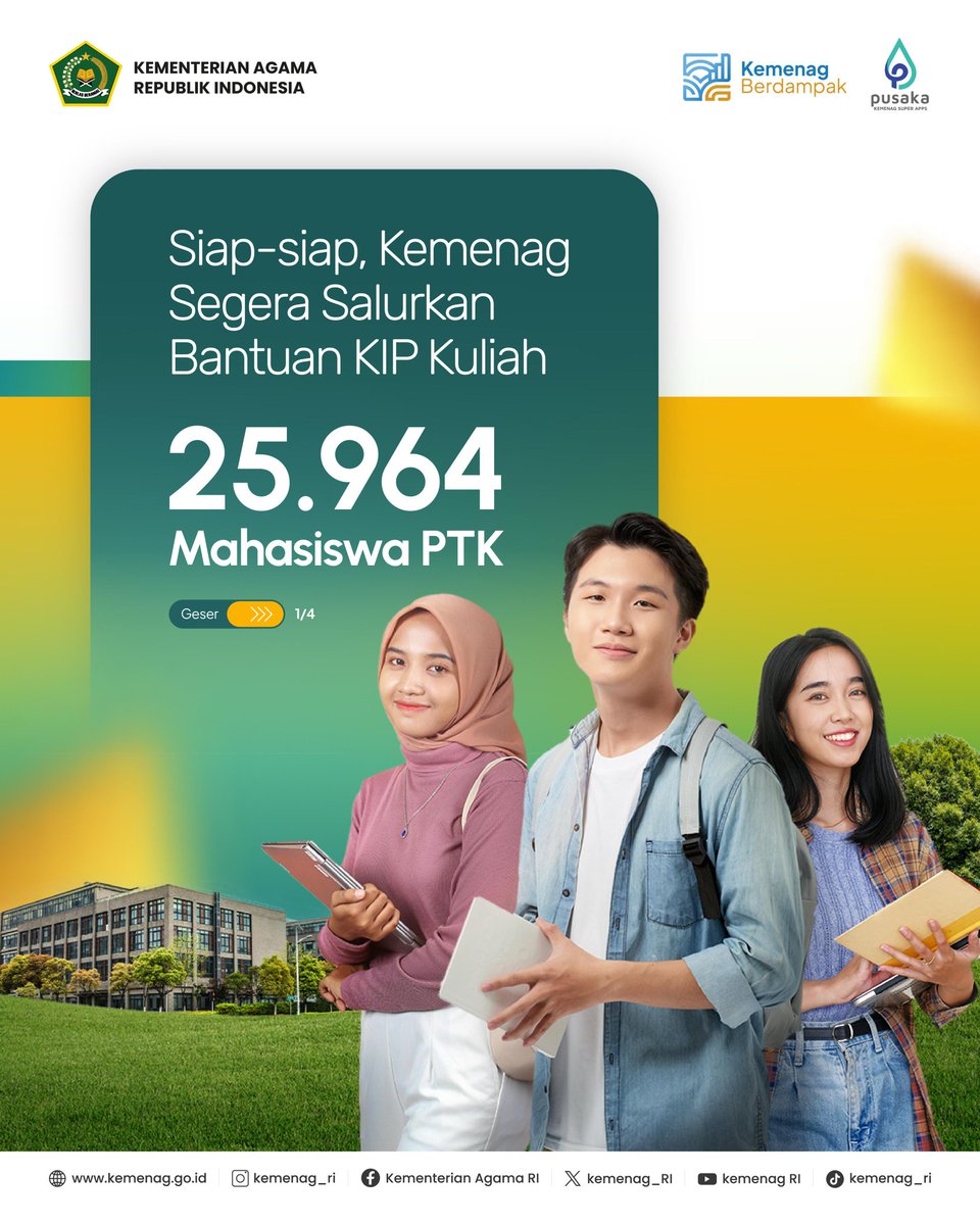 Kemenag_RI's tweet image. Kabar baik! Kemenag segera salurkan bantuan KIP Kuliah 2025 senilai Rp171,36 M untuk 25.964 mahasiswa PTK. Bantuan ini menjangkau mahasiswa dari berbagai agama demi wujudkan mimpi. #Kemenag #KIPKuliah #Beasiswa