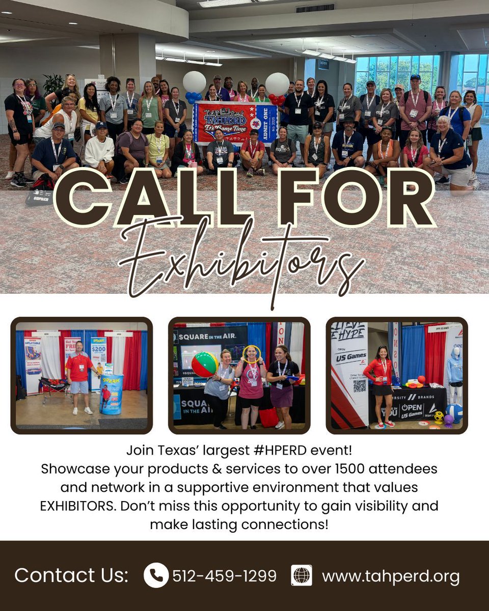 TexAHPERD's tweet image. Join Texas' top #HPERD event! Discover a vibrant exhibit area to showcase your products &amp;amp; services. Network with Texas HPERD specialists in a friendly, energetic setting. Limited spots available—secure yours by reaching out to services@tahperd.org. #ExhibitWithUs @VisitFortWorth