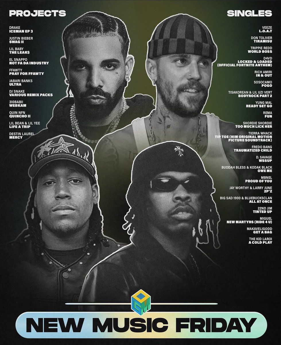 🔰 NEW MUSIC FRIDAY 🔰

Drake — ICEMAN EP. 3
Justin Bieber — SWAG II
Lil Baby — The Leaks
Don Toliver — Tiramisu
Veeze — LOAT
Rich Amiri — IN &amp; OUT

Who’s got your first listen?