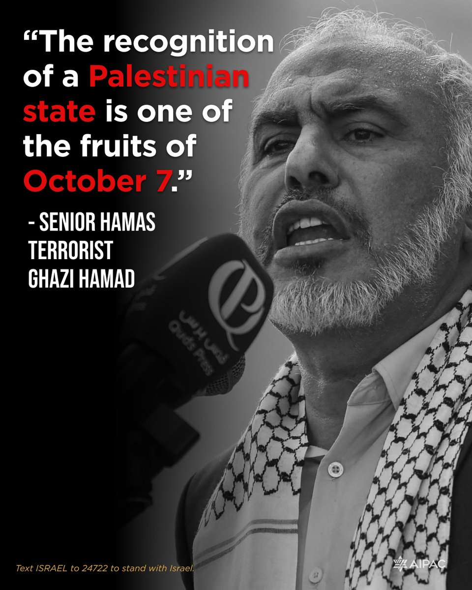 “The recognition of a Palestinian state is one of the fruits of October 7.” - Senior Hamas Terrorist Ghazi Hamad

Rewarding terrorists only incentivizes more terrorism.

For peace and a better future, free Gaza from Hamas!