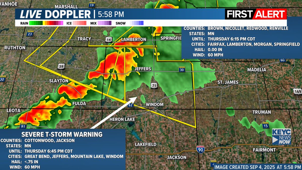 KEYCWeather's tweet image. ALERT: Severe Thunderstorm Warning for the following counties: Cottonwood, Jackson until 9/04 6:45PM