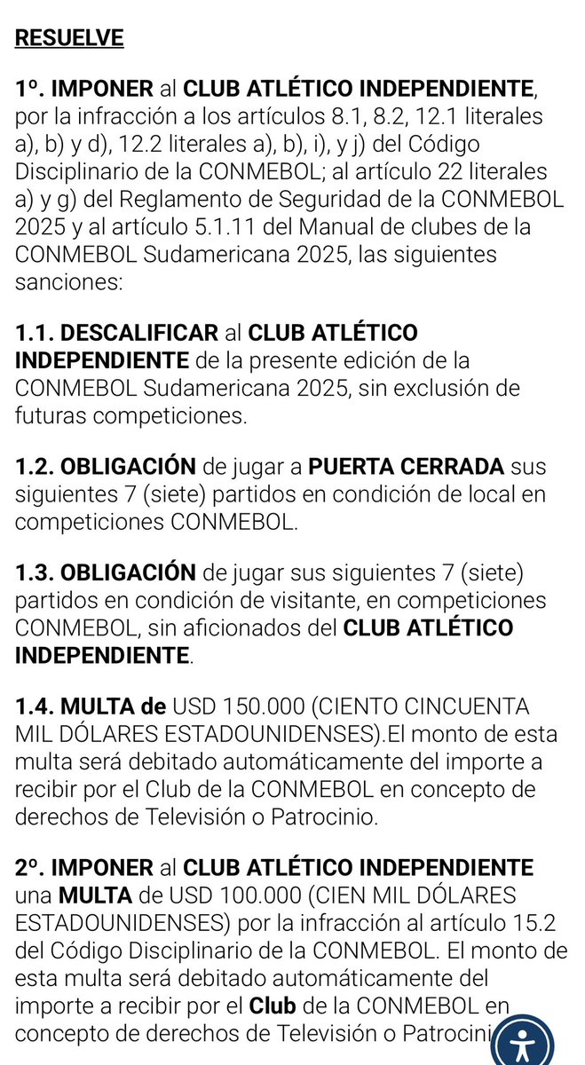 Mati_Martinez's tweet photo. 🔴 RESOLUCIÓN | Eliminado #Independiente

▶️ 7 partidos a puertas cerradas de local.
▶️ 7 partidos sin público de visitante.
▶️ 250 mil USD de multa. 

▶️ No será excluido de futuras competencias . https://t.co/dZKSsaBkY2