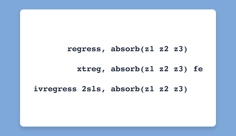 New in #Stata19 – High-Dimensional Fixed Effects. Now absorb multiple HD categorical variables in your linear regression. Useful when you want to adjust for the absorbed variables but estimating their effect isn’t important. youtube.com/watch?v=odYb4O…