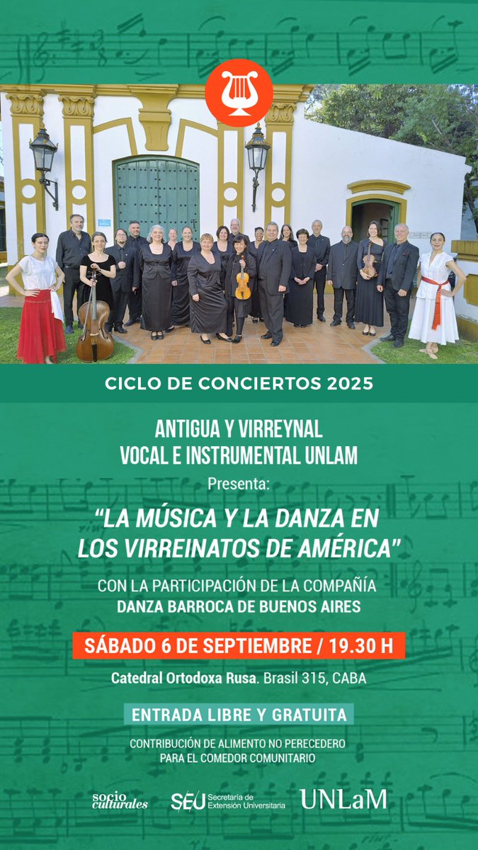 ConciertosUnlam's tweet photo. ESTE SÁBADO A LAS 19.30 H
#antiguayvirreynal
#vocaleinstrumentalunlam
#musicavirreinal
#barrocolatinoamericano
#musicacolonial
#danzabarroca
#iglesiaortodoxarusa
#parquelezama
#unlam
#corosunlam https://t.co/25sCIciP8f