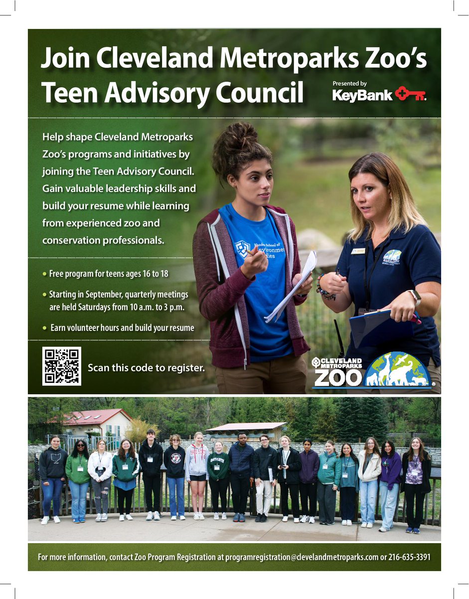 Volunteer Opportunity:

The Cleveland Metroparks Zoo is hosting  a free program for 16-18 year old students. This could also serve as an opportunity to earn service hours!

See the flyer below for more details.