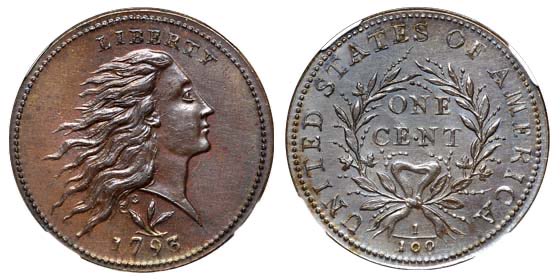 The next coin the mint produce was also in 1793, a 2nd one cent design known as the Wreath Cent. 63,353 of these were known to be produced, about twice as many as the chain cent. Highly sought after by collectors in all grade.