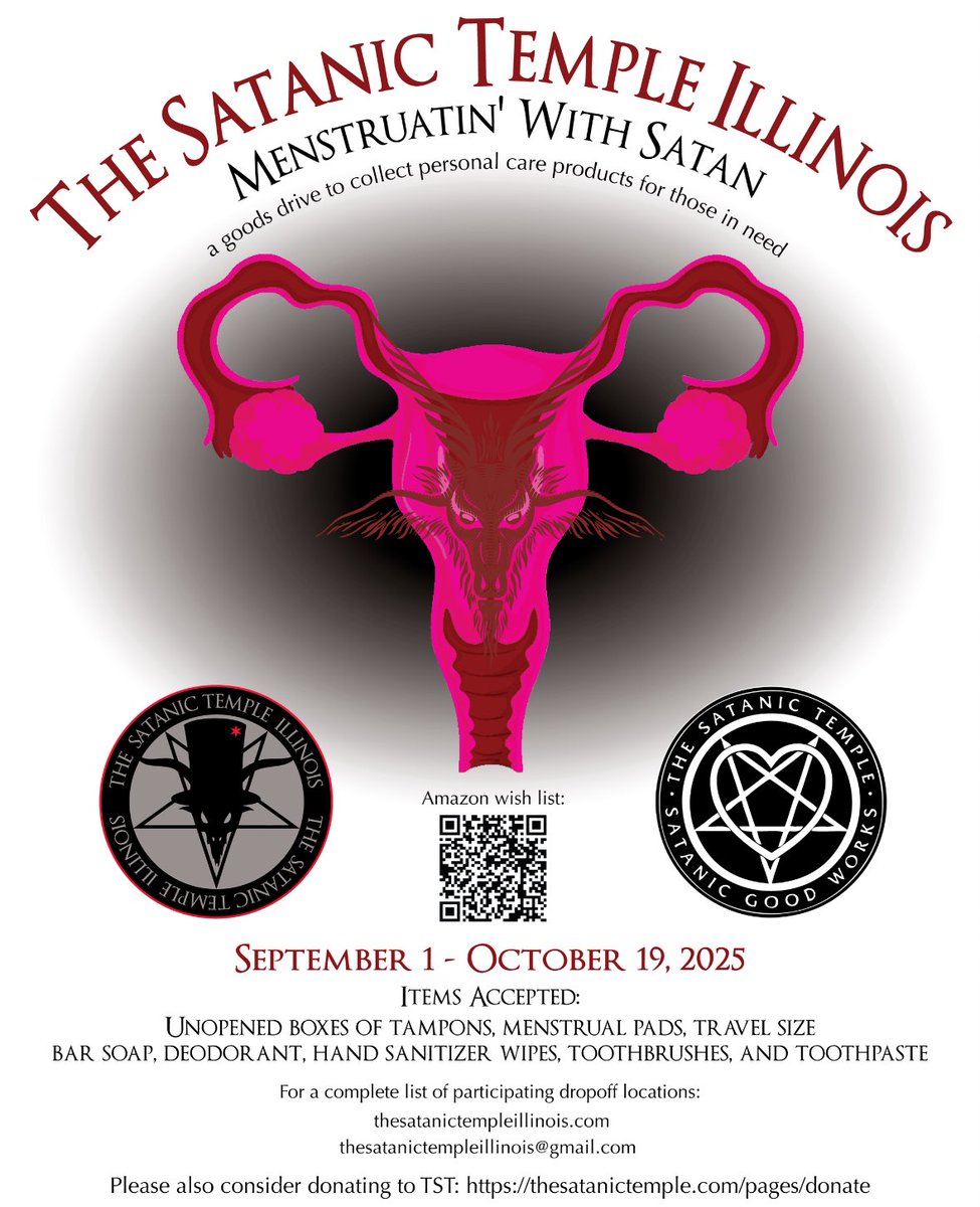 satanic_temple_'s tweet image. TST Illinois is proud to announce their 2025 Menstruatin' With Satan collection drive to provide personal care items for those in need.

Want to help? Visit tinyurl.com/TSTIL-MwS2025 to purchase donation items from TST IL’s Amazon Wishlist!

For more, visit: tinyurl.com/TSTIL-MWS2025I…