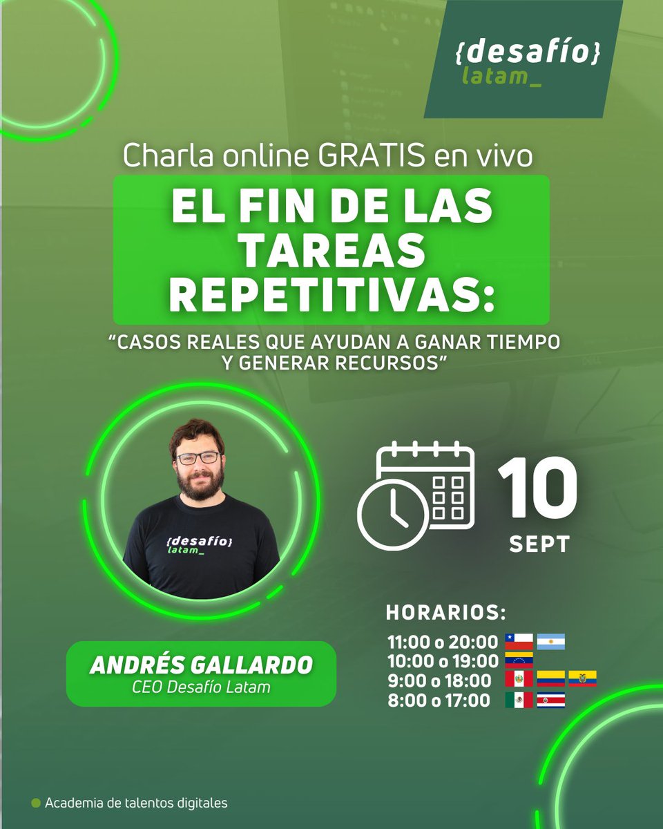 𝗧𝘂𝘀 𝘁𝗮𝗿𝗲𝗮𝘀 𝗿𝗲𝗽𝗲𝘁𝗶𝘁𝗶𝘃𝗮𝘀 𝘁𝗲 𝗲𝘀𝘁á𝗻 𝗰𝗼𝘀𝘁𝗮𝗻𝗱𝗼 𝘁𝗶𝗲𝗺𝗽𝗼, 𝗱𝗶𝗻𝗲𝗿𝗼 𝘆 𝗼𝗽𝗼𝗿𝘁𝘂𝗻𝗶𝗱𝗮𝗱𝗲𝘀?

 ¡No te pierdas esta charla!
💻 Formato : 𝗢𝗻𝗹𝗶𝗻𝗲 𝘆 𝗲𝗻 𝘃𝗶𝘃𝗼 

🔥 𝗜𝗻𝘀𝗰𝗿𝗶𝗽𝗰𝗶ó𝗻 𝗴𝗿𝗮𝘁𝘂𝗶𝘁𝗮 AQUÍ:hubs.ly/Q03G_RV70