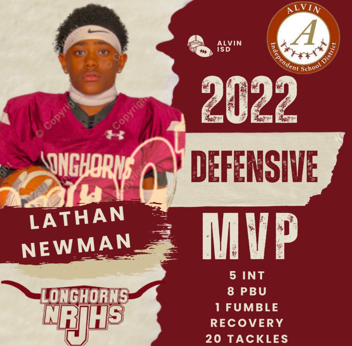 #TBT People tend to forget, I was Alvin ISD <a href="/NolanRyanJH/">NolanRyanJH</a> 

2022 Defensive MVP    5 INT, 8 PBU, 1 FR, 20 TKL.

Now a junior CB at Angleton HS (’27).
Middle school highlights:  youtu.be/SVqz40syxmk?si…
Freshman highlights coming next week! #TXHSFB #Recruiting #DB