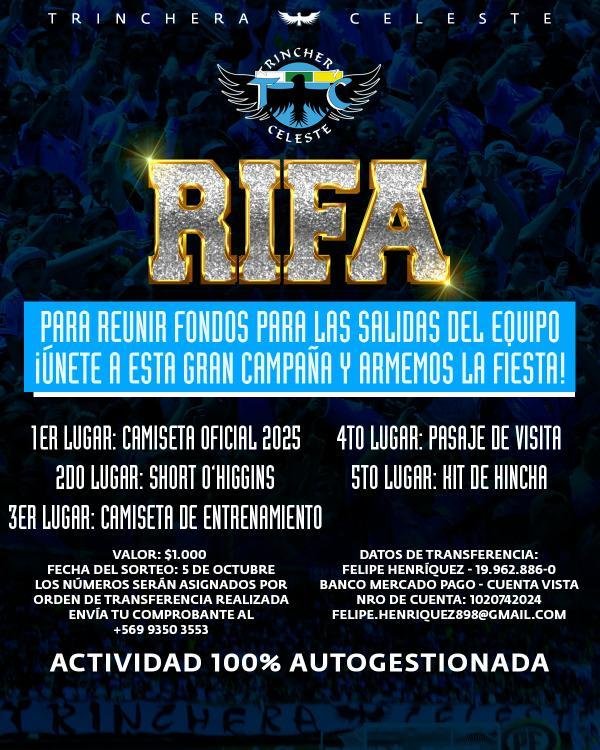 🔥🎟 ¡Atentos hinchas! Nueva Rifa Celeste con 5 premios imperdibles 🙌 Todo para juntar fondos y armar la fiesta de la Trinchera 💥 Nuestra barra es 100% autogestionada, cada aporte suma. ¡Compra tu número y sé parte de nuestras actividades! ✨💙 #OHiggins de #Rancagua