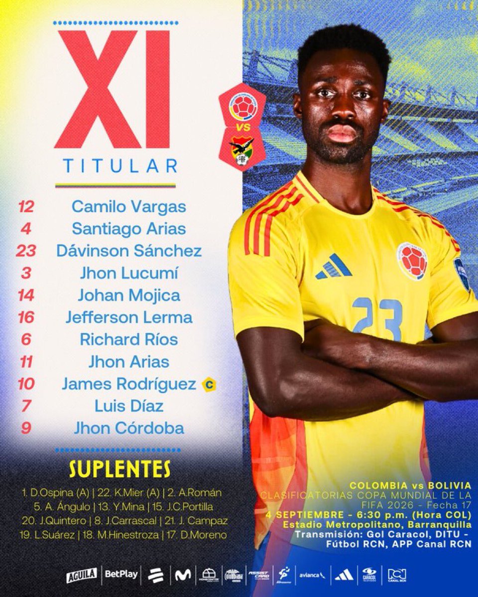 Este es el once titular de Colombia para enfrentar a Bolivia en estadio Metropolitano por la #Eliminatorias2026

#DeporteMeridiano