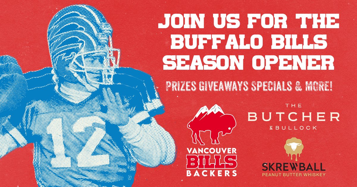 Join us for @buffalobills season opener @butcherandbullock 
Kick off 5:20 &amp; plenty reasons to be early:
• Giving away 2 jerseys + more swag
• A welcome BEER
• <a href="/skrewballwhsky/">Skrewball Whiskey</a> providing samples 4-7PM

#buffalobills #billsmafia #gobills #letsgo #billsfans #vancouver