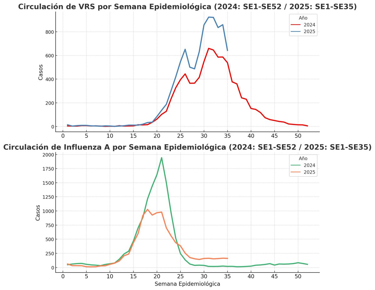 📊 #SE35 Virus respiratorios en 🇨🇱 
🔴 VRS: 643 casos
🟠 Influenza A: 160 casos

✅ #VRS v⤵️ pero sigue alto
📈 #Influenza A ➕⬆️que en 2024
🚨 Otros virus podrían repuntar

💡Aún es invierno!!!
Ventila Vacúnate Cuida a los + vulnerables

#SaludPública #VigilanciaViral