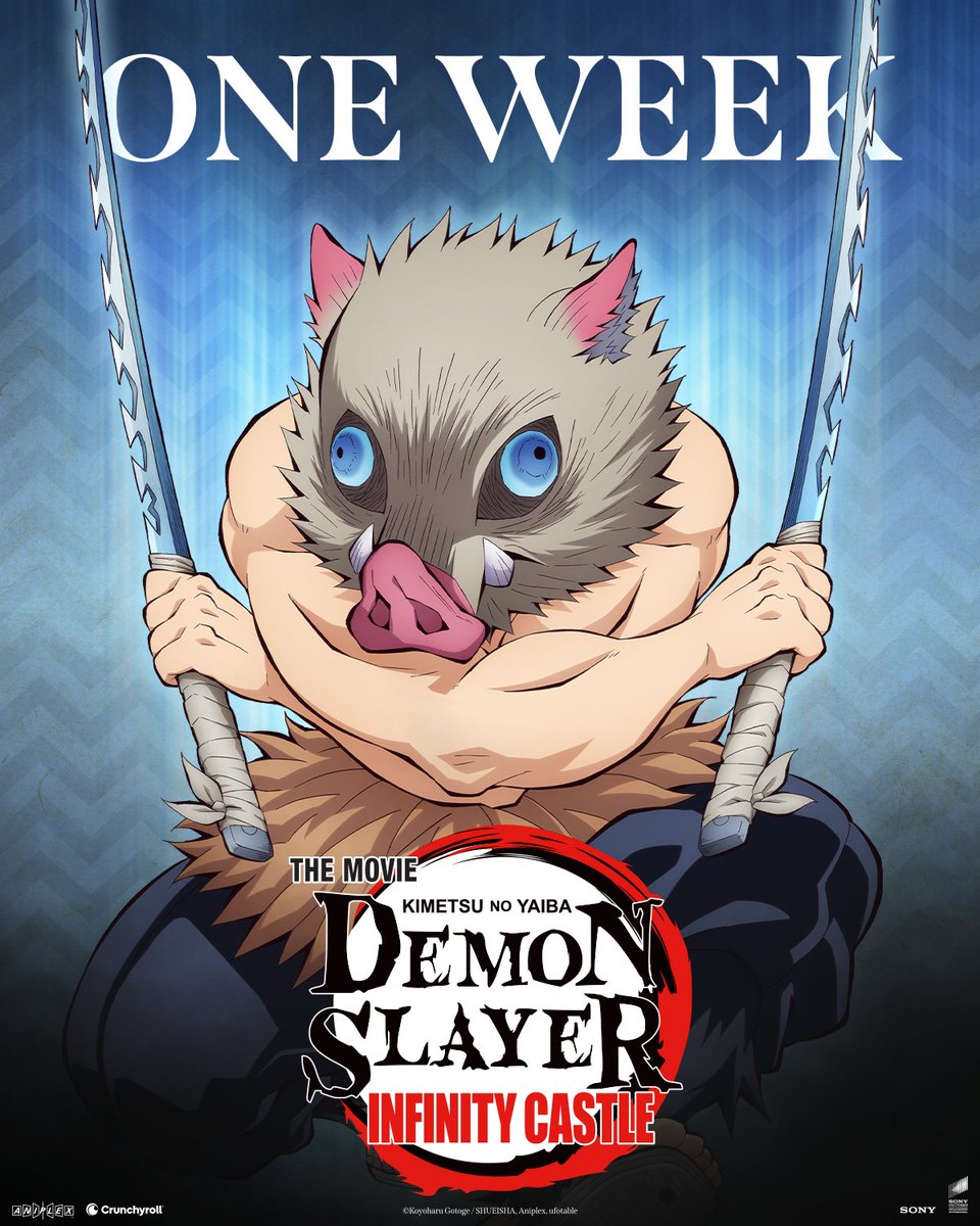 Crunchyroll's tweet photo. We're just one week away! Show of hands, who plans on seeing the film more than once? 🙋

Don't miss your chance to see Demon Slayer: Kimetsu no Yaiba Infinity Castle, only in theatres September 12. @DemonSlayerUSA ➡️ https://t.co/OowXYd1gvX https://t.co/QVKaVXoZRt