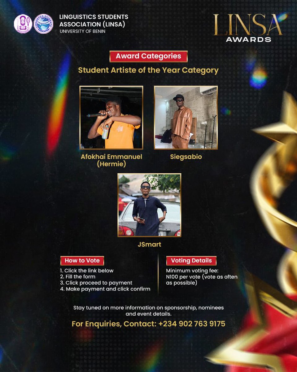 My twitter family, I’ve been nominated as student artist of the year, please I’ll need your votes!😔🙏 make una abeg🙏 I go appreciate am💜

🙏🥹💜
linsaawards.site/cat/Student%20…