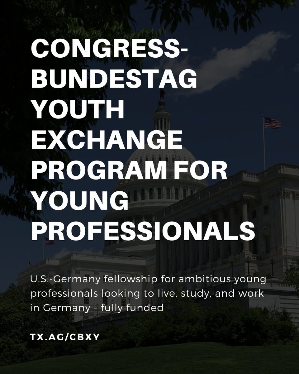 tamunatlfellows's tweet image. Ready to launch your career abroad? Applications for CBYX Young Professionals 2026–27 are now open! Don’t miss your chance to live, study, and work in Germany.

Deadline: Nov 1, 2025
Info Session: Sept 23 @ 2 PM EDT

 tx.ag/CBXY to apply!

#CBYX #ExchangeProgram