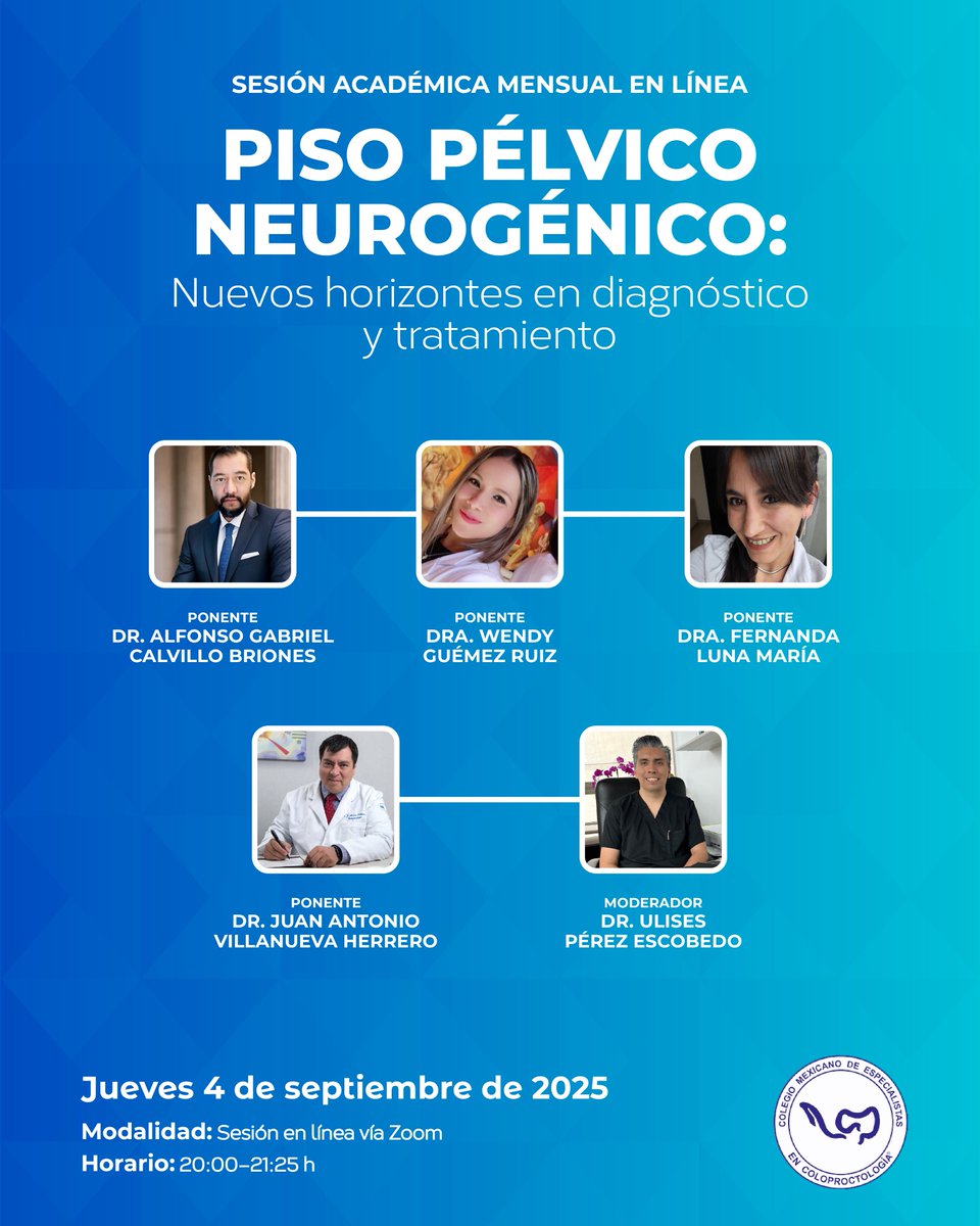 📣Sesión Académica CMEC – Septiembre
Este jueves 4 de septiembre a las 20:00 hrs te invitamos a ser parte de la sesión mensual del Colegio Mexicano de Especialistas en Coloproctología.
👉Regístrate aquí: bit.ly/registroSept
▶️Link Sesión: youtube.com/live/p7WlxVjuC…