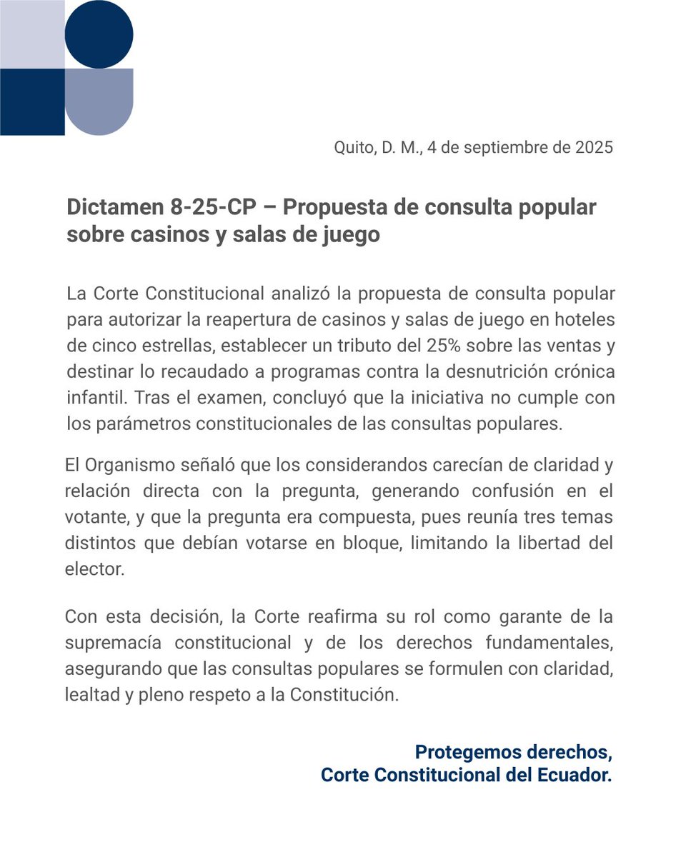CorteConstEcu's tweet photo. ⚖️IMPORTANTE| La Corte Constitucional del Ecuador, en ejercicio de sus atribuciones, emitió tres dictámenes relacionados con propuestas de enmienda constitucional, reforma parcial y consulta popular presentadas por el Presidente de la República. https://t.co/3VDuFRYapi